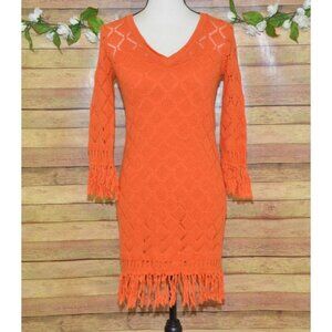 Trina Turk Size XS Orange Crochet & Fringe Mini Dress Lined Bodycon Boho Fall